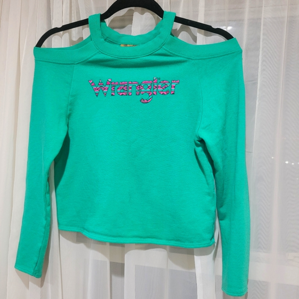 Wrangler Sweatshirt with Shoulder Cutouts Girls Sz L Teal Classic Logo